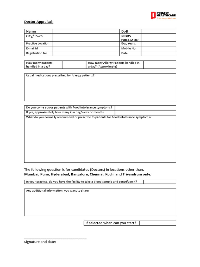 Doctor Appraisal Form for Allergy and Intolerance | PDF