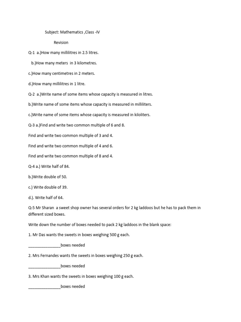 Class IV Math Revision Exercises | PDF