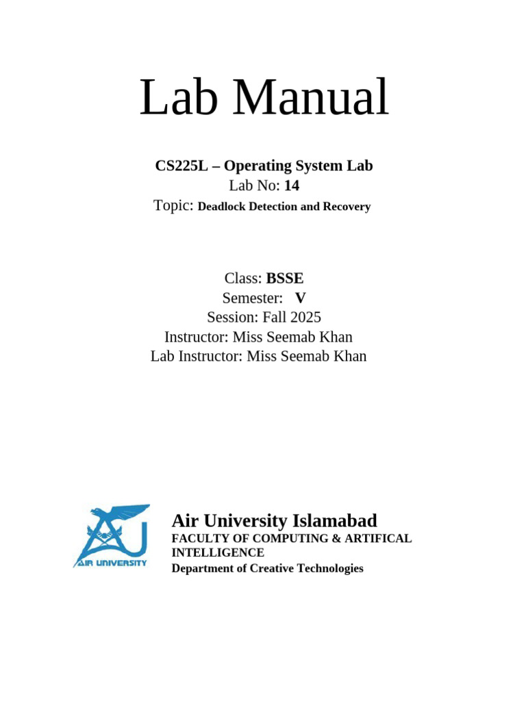 Deadlock Detection Lab Manual CS225L | PDF | Computing | Computer Science