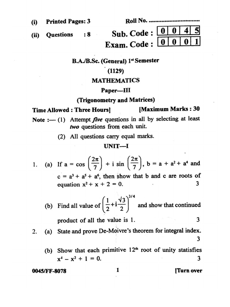 B.A B.SC General 1st Sem Mathematics Trignometry and Matrices Paper-III ...