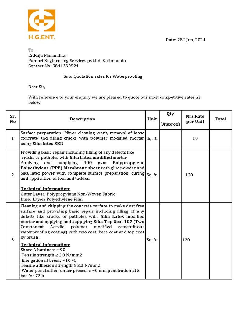Waterproofing Quotation Rates 2024 | PDF | Concrete | Mortar (Masonry)