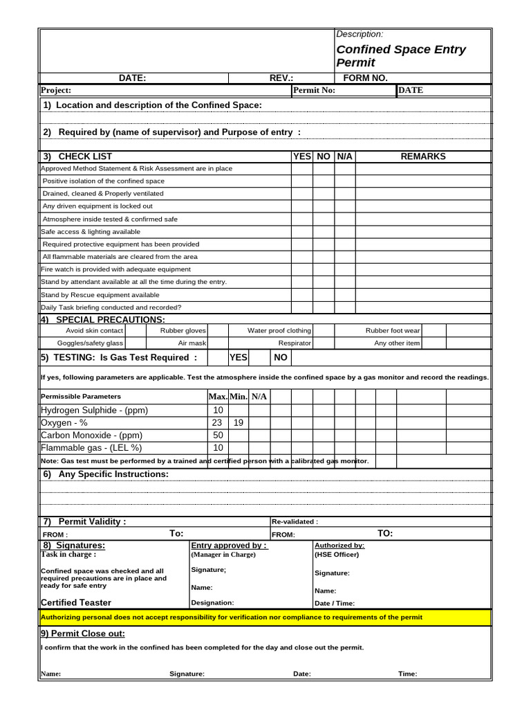 Confined Space Entry Permit Checklist | PDF | Occupational Safety And ...