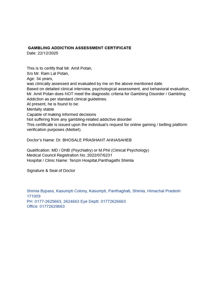 Gambling Addiction Assessment Certificate | PDF