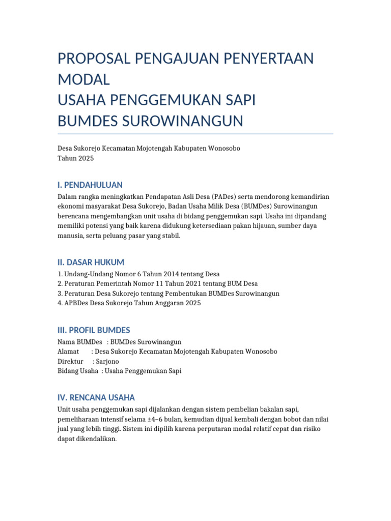 Proposal Modal Usaha Penggemukan Sapi BUMDes | PDF