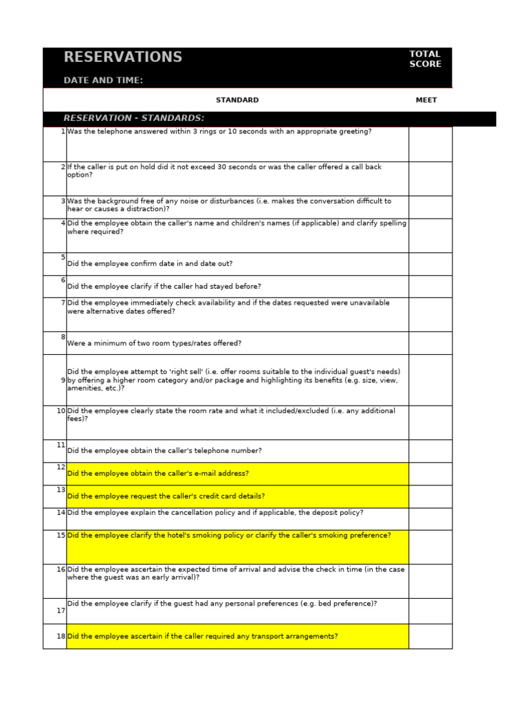 Reservation Standards Evaluation Checklist | PDF