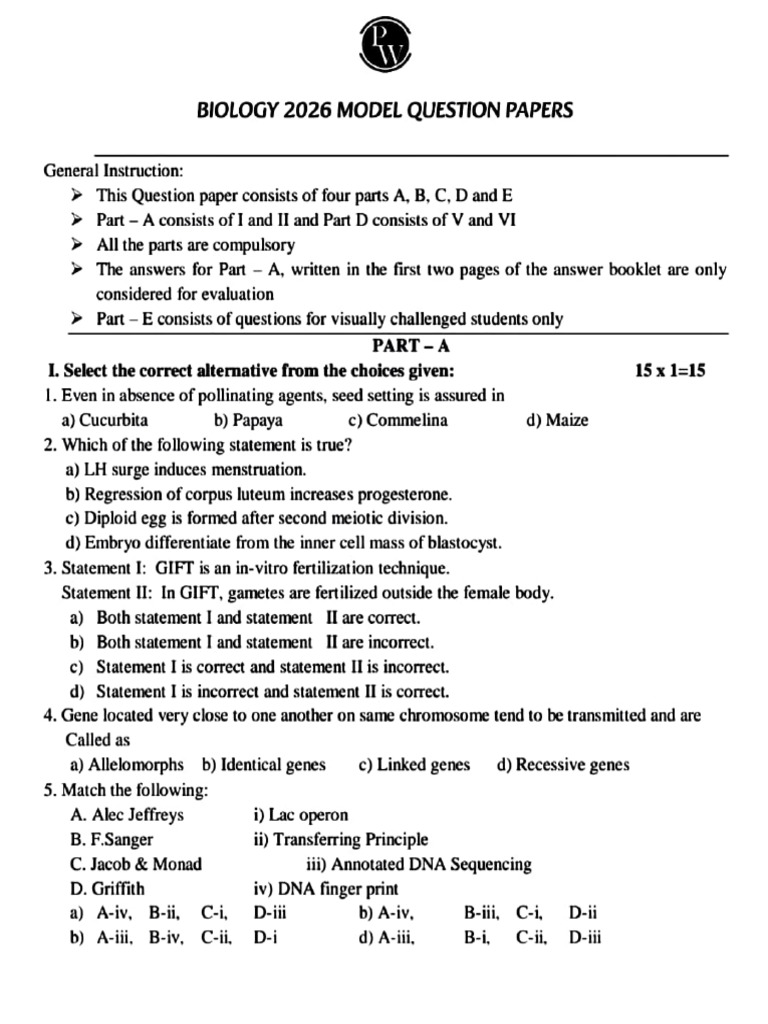 Biology 2026 Model Question Paper | PDF | Immune System | Gene
