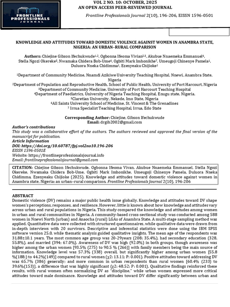 Knowledge and Attitudes Toward Domestic Violence Against Women in ...