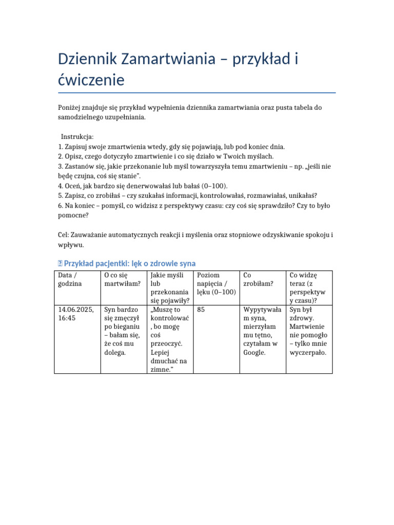 Dziennik Zamartwiania Prosty Przyklad 14 06 | PDF