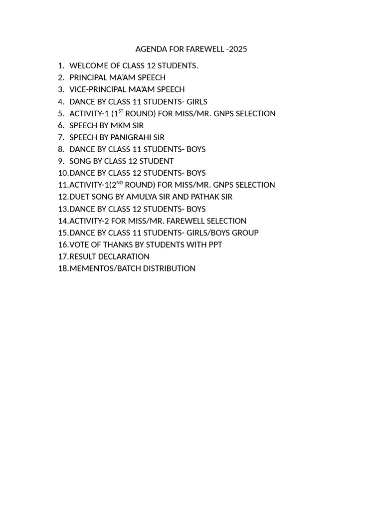 Class 12 Farewell Agenda 2025 | PDF