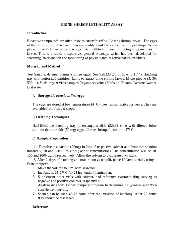 Brine Shrimp Lethality Bioassay Method | PDF
