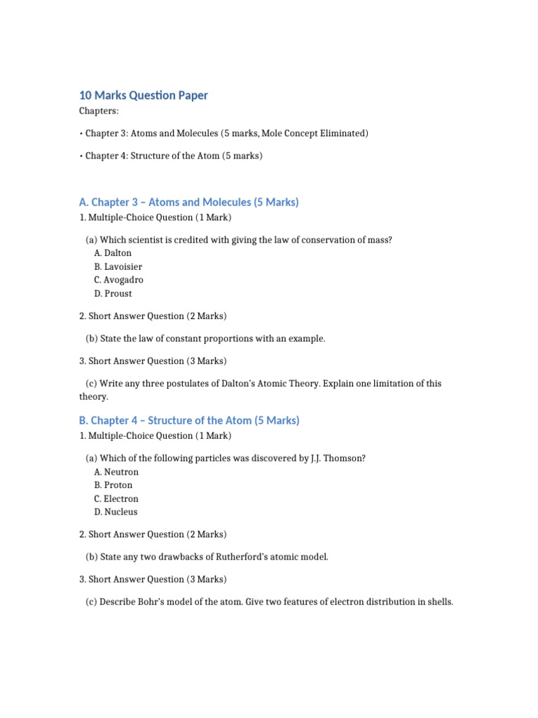 10 Marks Question Paper: Atoms & Molecules | PDF