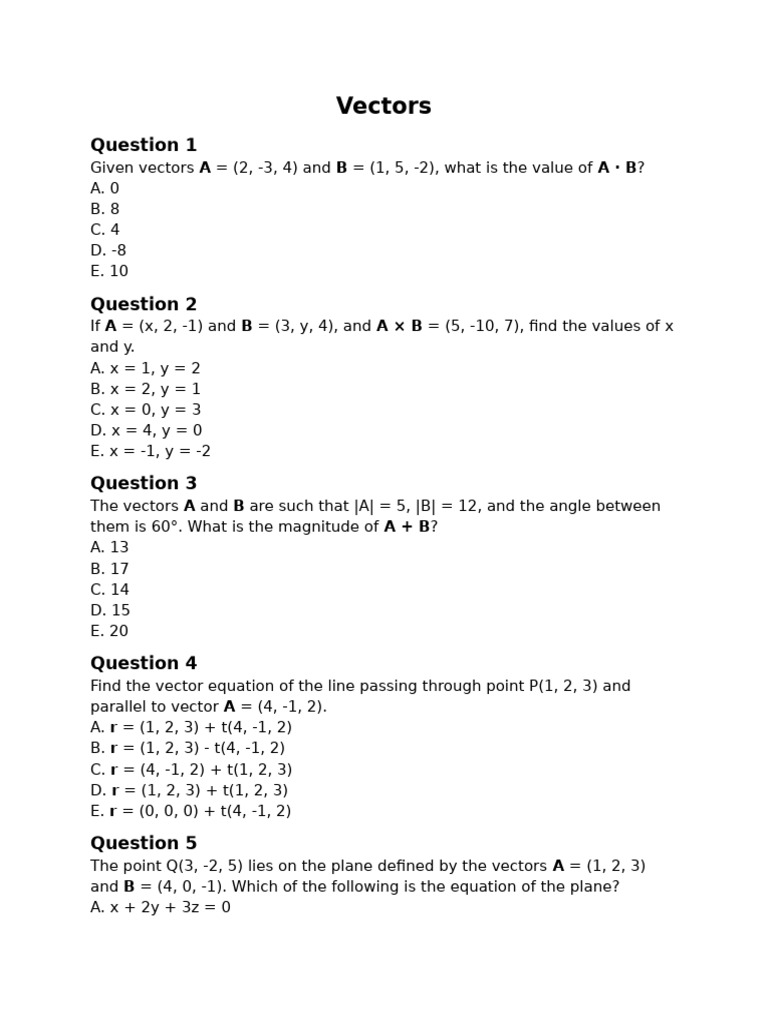 Vector Operations and Equations Quiz | PDF | Euclidean Vector | Angle