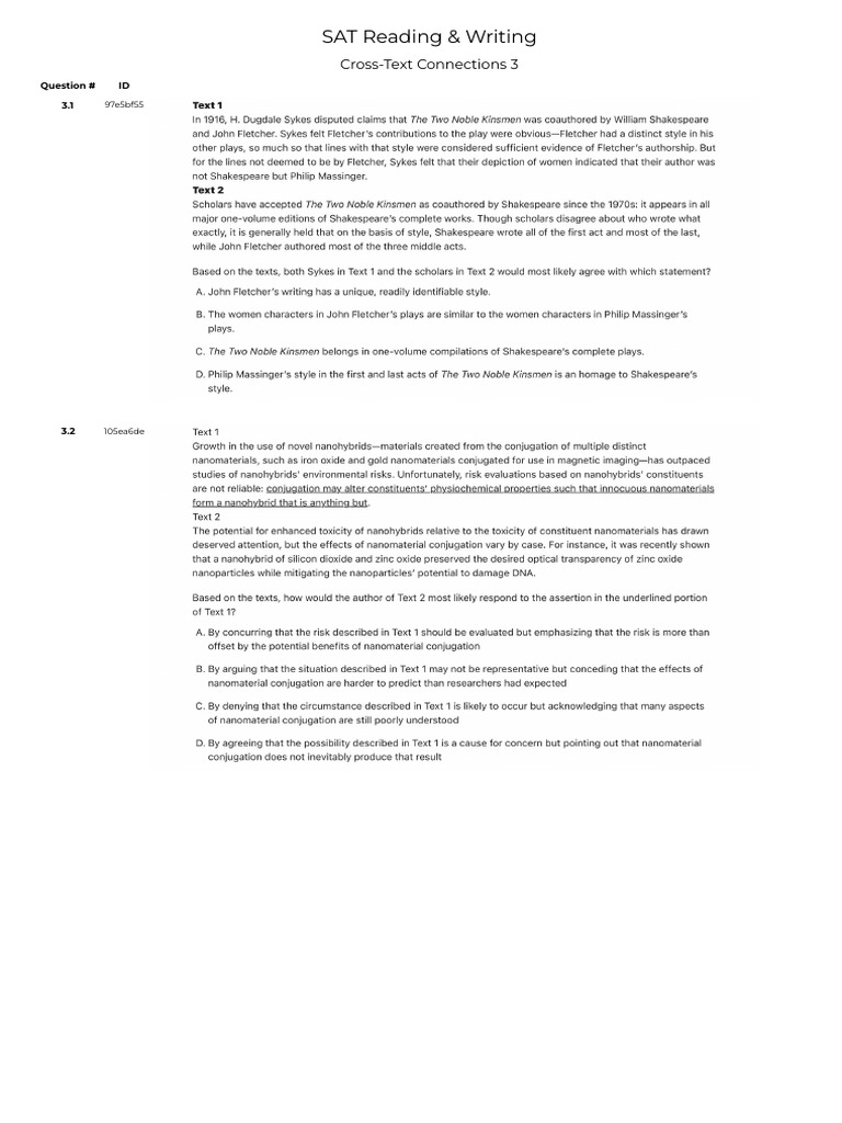 SAT Reading & Writing Cross-Text Questions | PDF