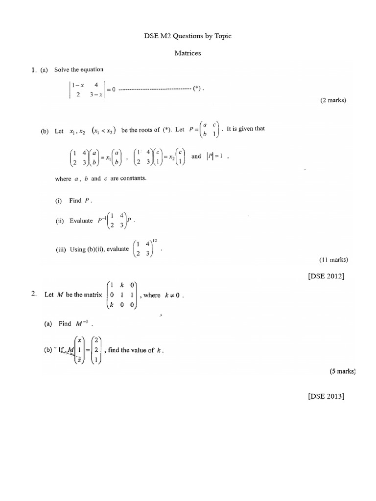 DSE M2 Matrices Questions by Year | PDF
