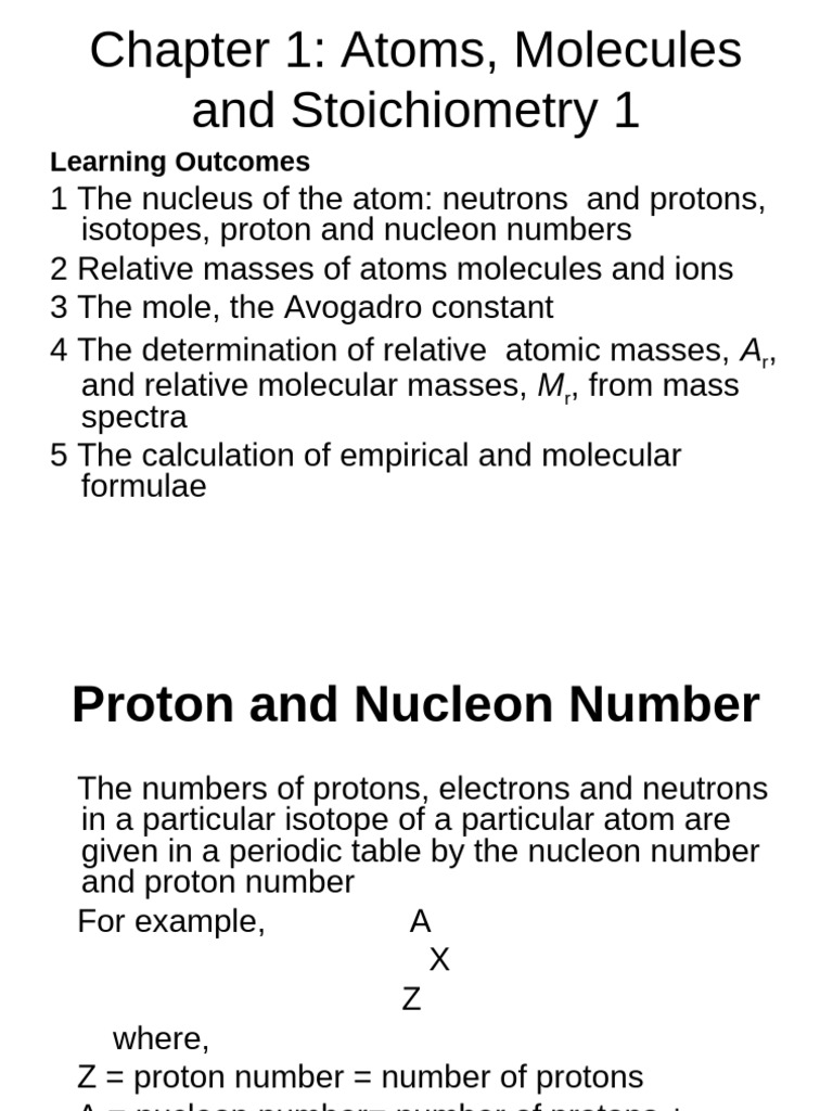 Atoms, Molecules, and Stoichiometry Guide | PDF | Mole (Unit) | Proton