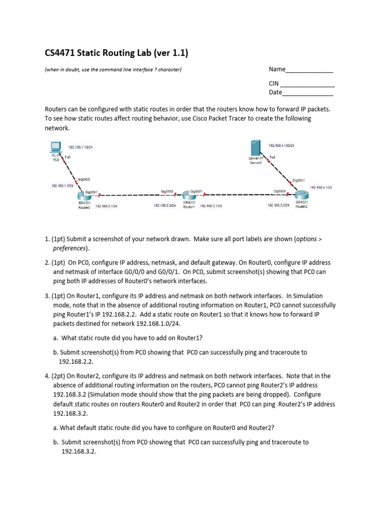 CS4471 Static Routing Lab Guide | PDF | Router (Computing) | Ip Address