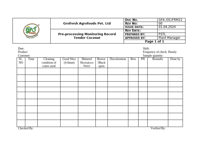Pre-Processing Monitoring Record of Tender Coconut | PDF