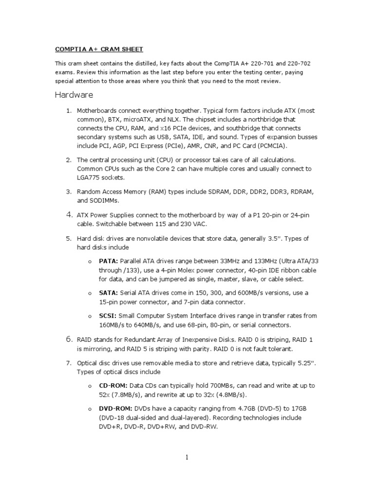 A+ Cram Sheet | PDF | Malware | Computer Virus