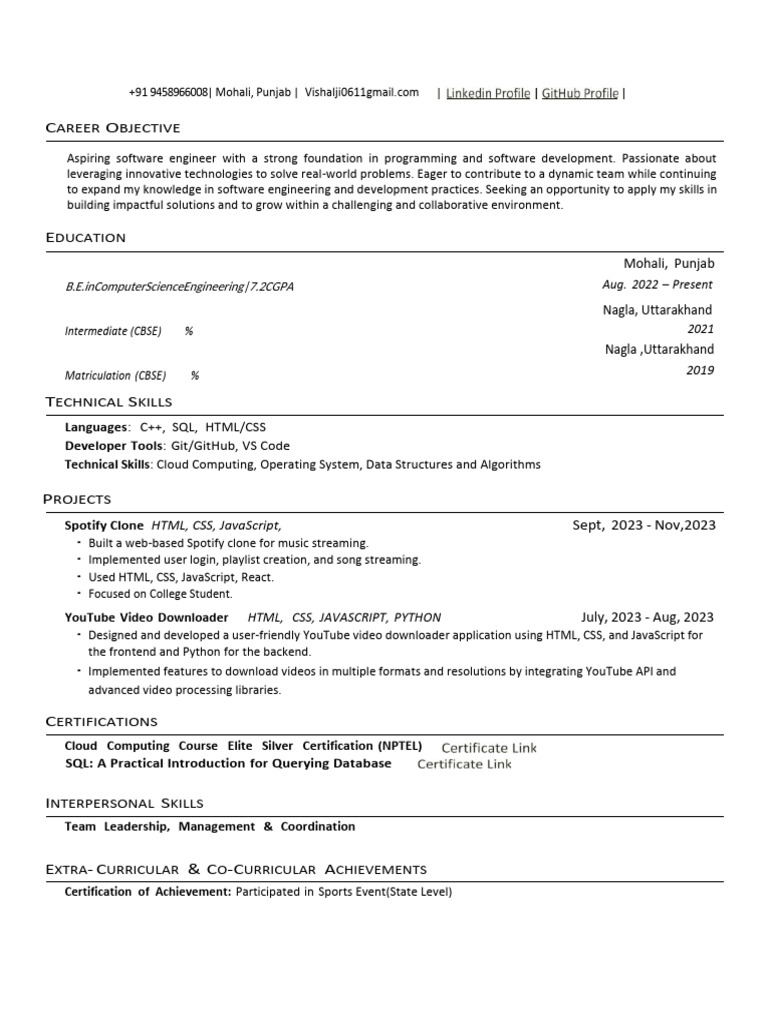 22BCS16978 Vishal Resume Final | PDF | Java Script | Sql