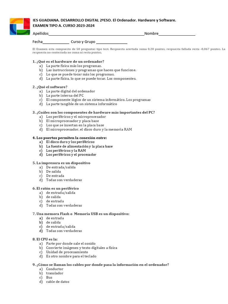 Examen de Hardware y Software 2º ESO | PDF | Hardware de la computadora ...