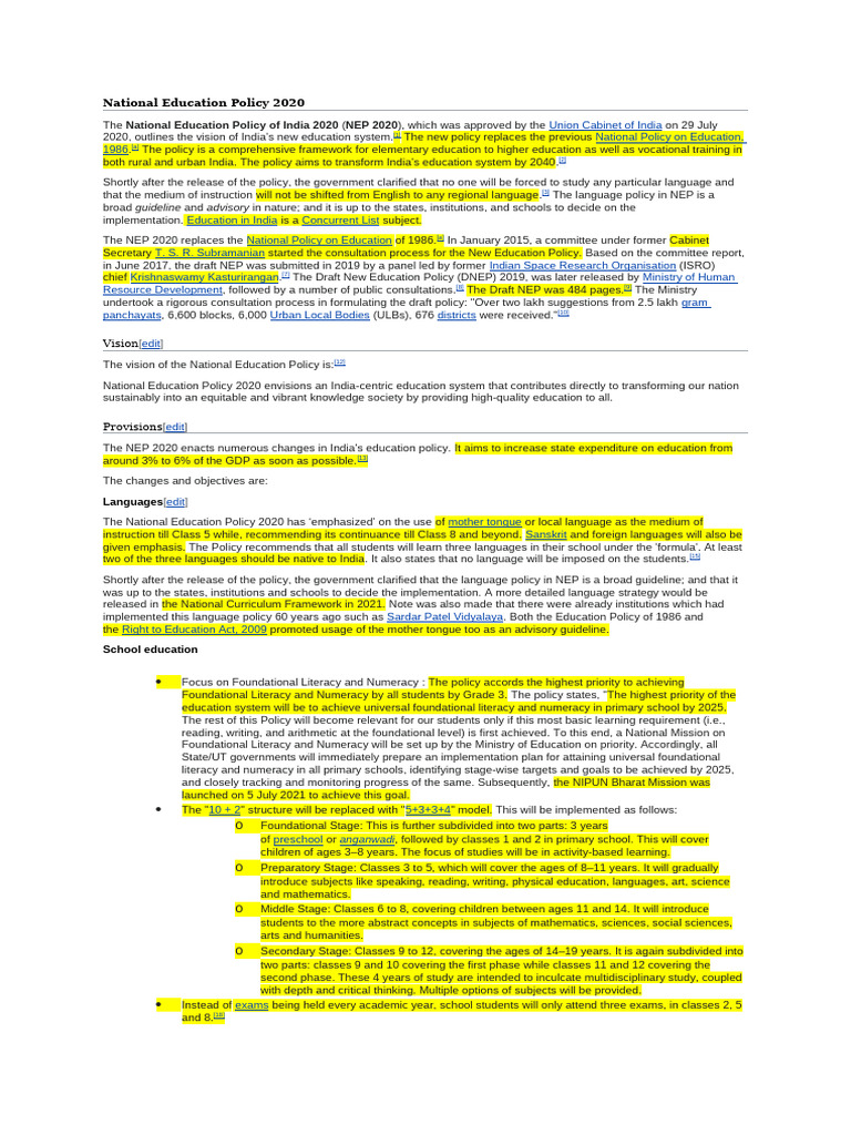 Overview of National Education Policy 2020 | PDF