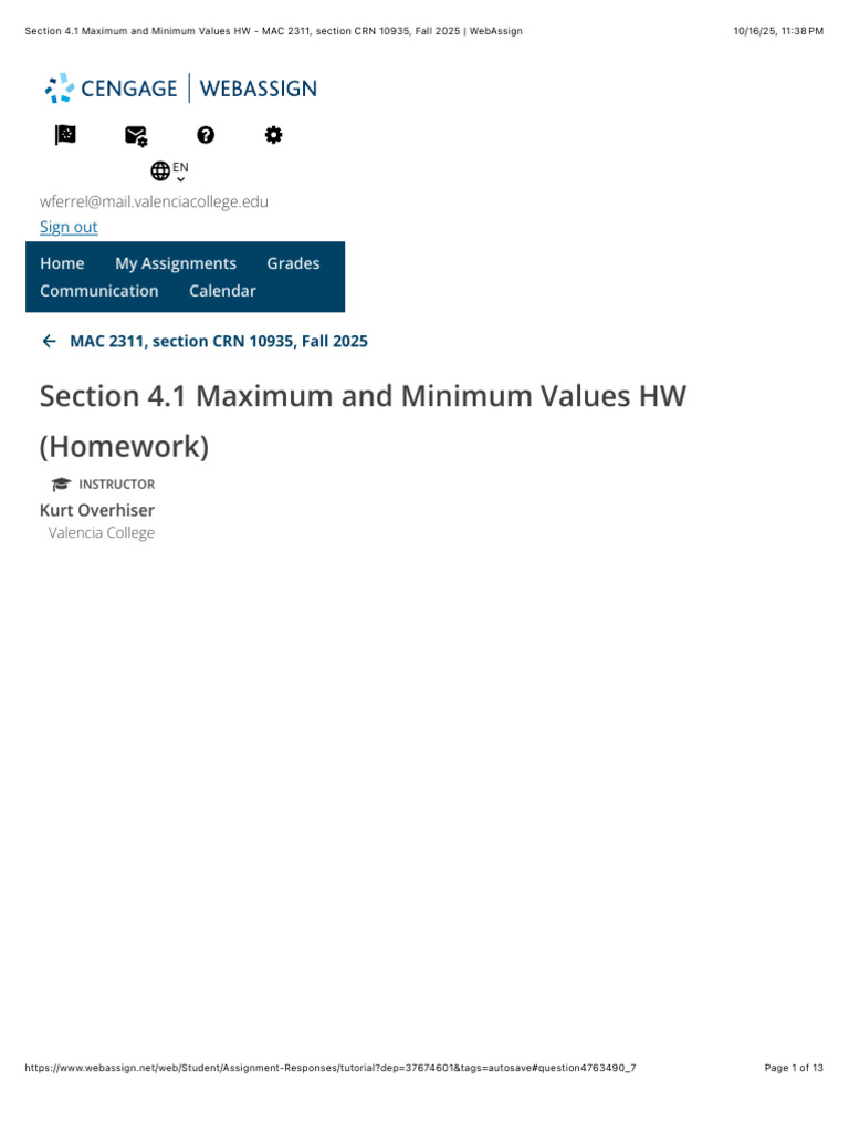 Maximum and Minimum Values HW - MAC 2311 | PDF | Function (Mathematics ...