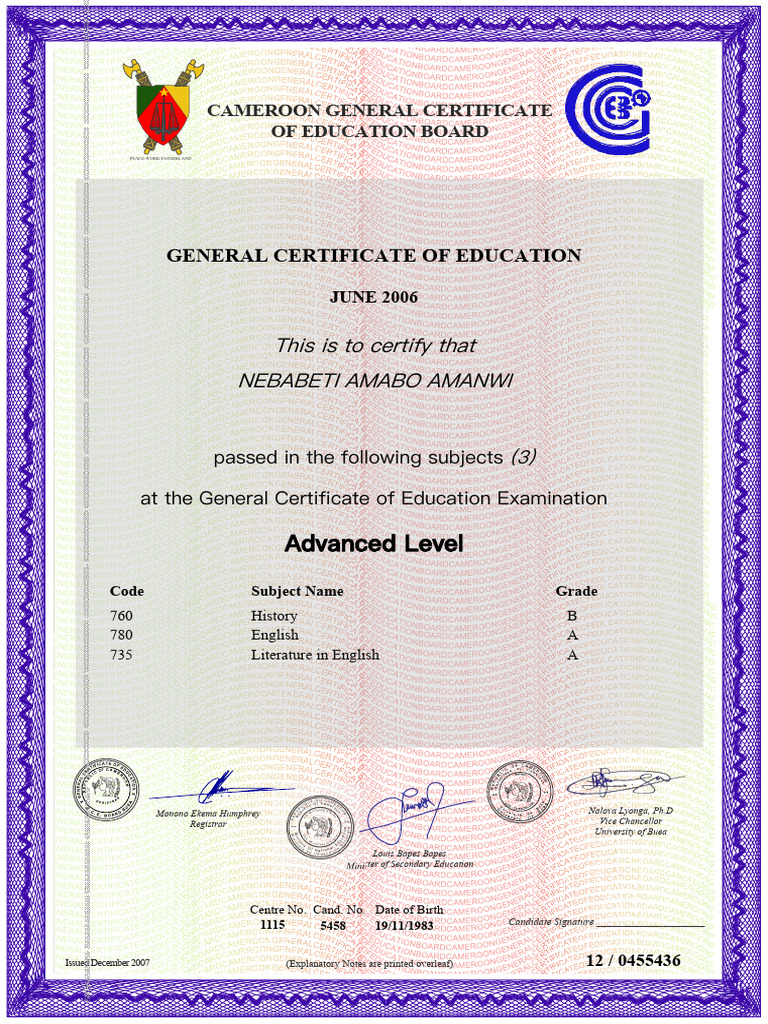 Cameroon GCE Advanced Level Certificate | PDF