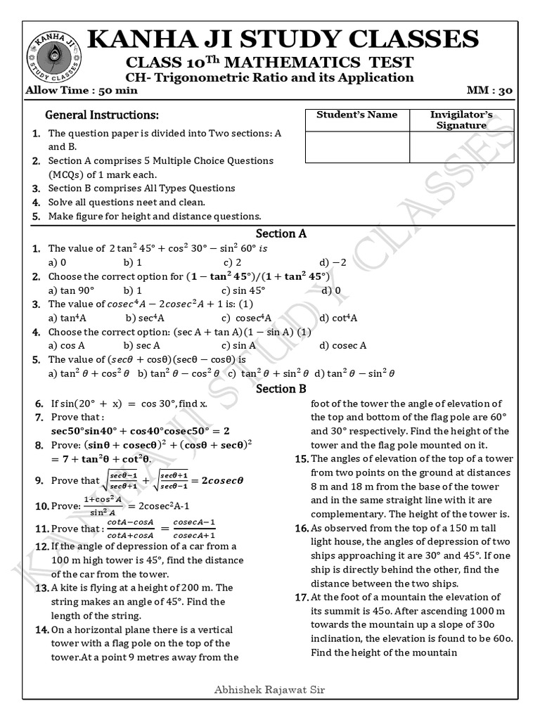 Class 10 Trigonometry Test Paper | PDF | Trigonometry | Trigonometric ...