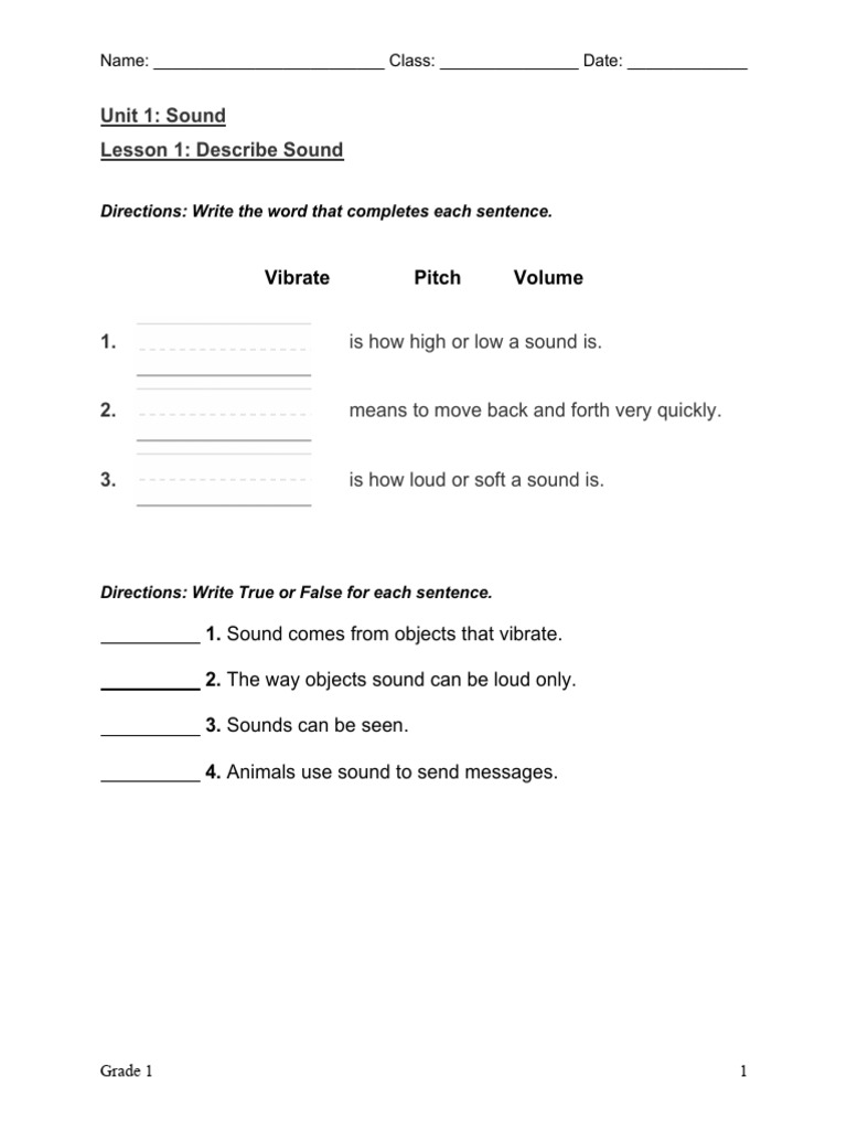 Grade 1 Sound Lesson Worksheet | PDF | Sound | Pitch (Music)