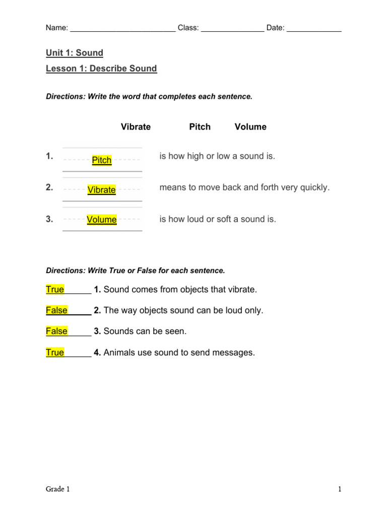 Grade 1 Sound Lesson Worksheet | PDF | Sound | Pitch (Music)
