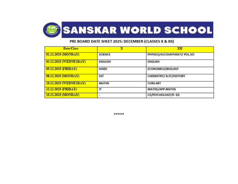 Pre Board Examination 2025 Date Sheet (CL X & Xii) . | PDF