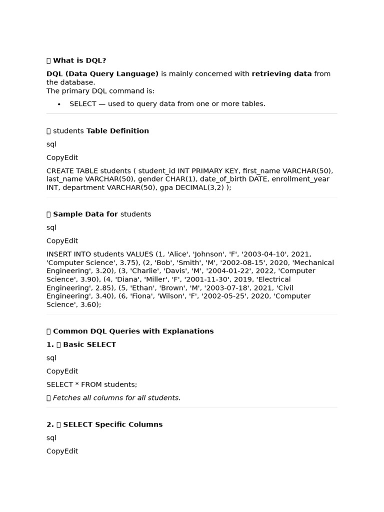 DQL Basics and Student Queries Guide | PDF | Medical Diagnosis | Sql