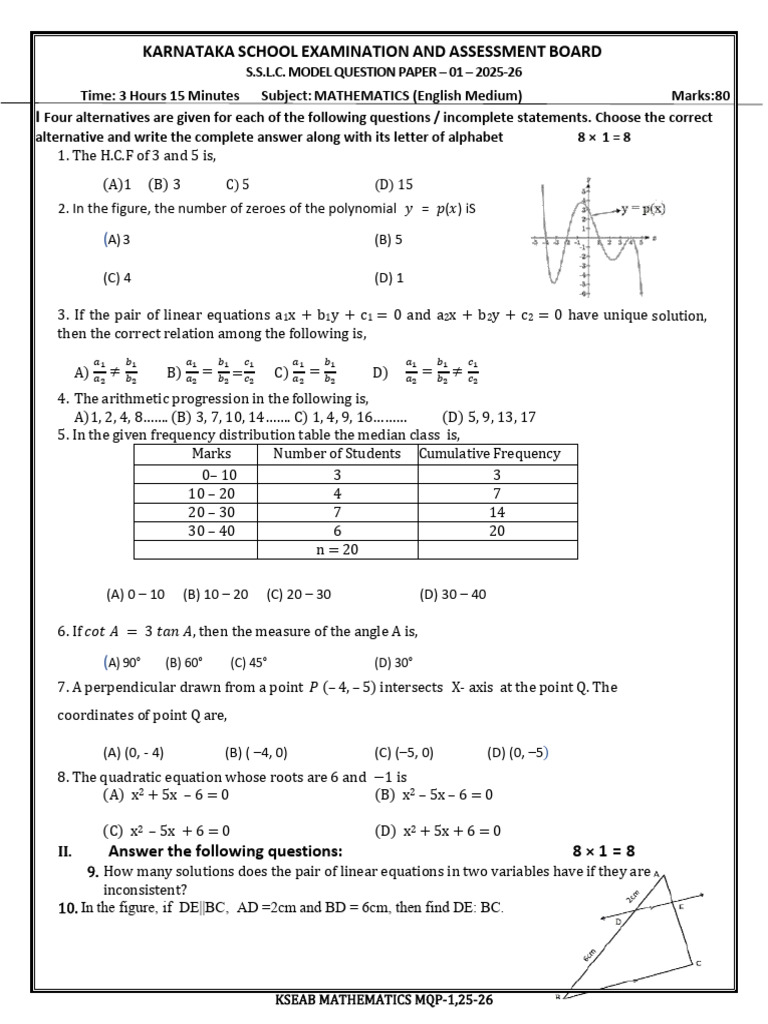 Model Paper 1 em Maths 2025-26 | PDF | Quadratic Equation | Area