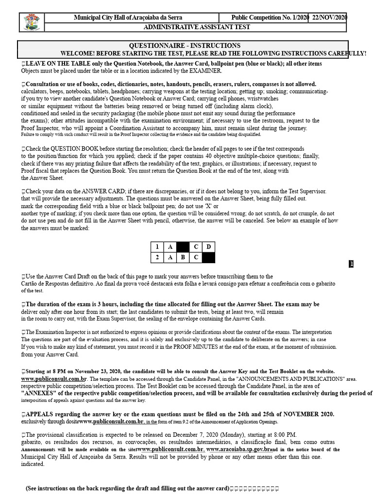 Araçoiaba da Serra Admin Assistant Exam | PDF