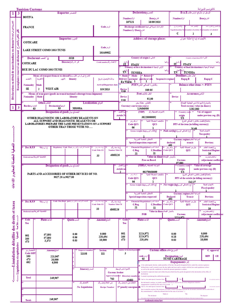 Tunisian Customs Declaration Form | PDF | Tunisia | Economies