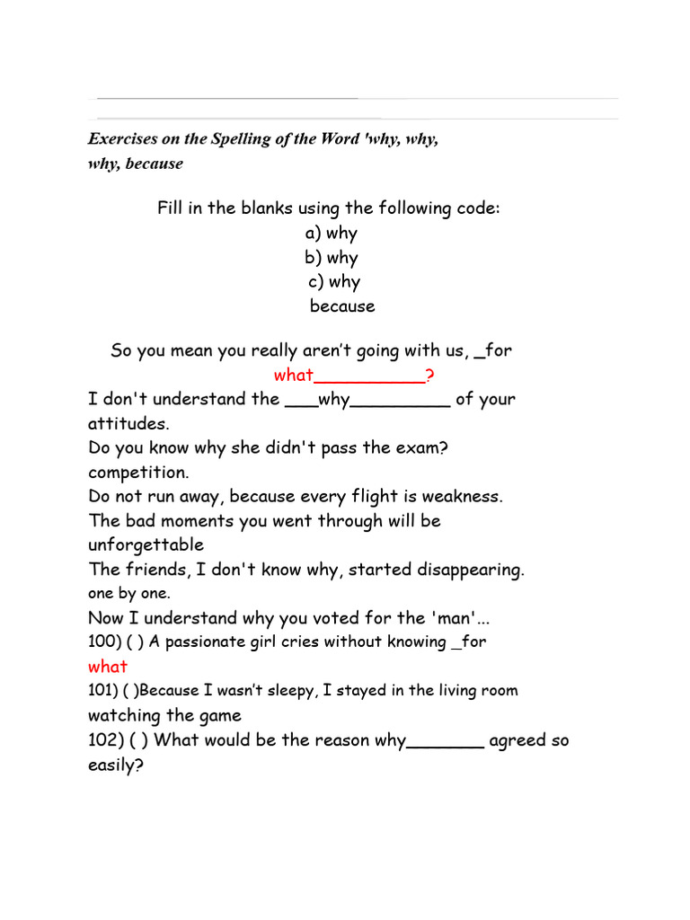 Exercises On Spelling of The Word BECAUSE - Exercises | PDF | Pronoun ...