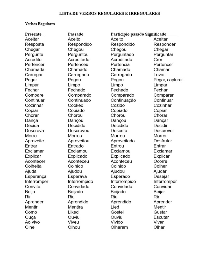 Lista de Verbos Regulares e Irregulares | PDF