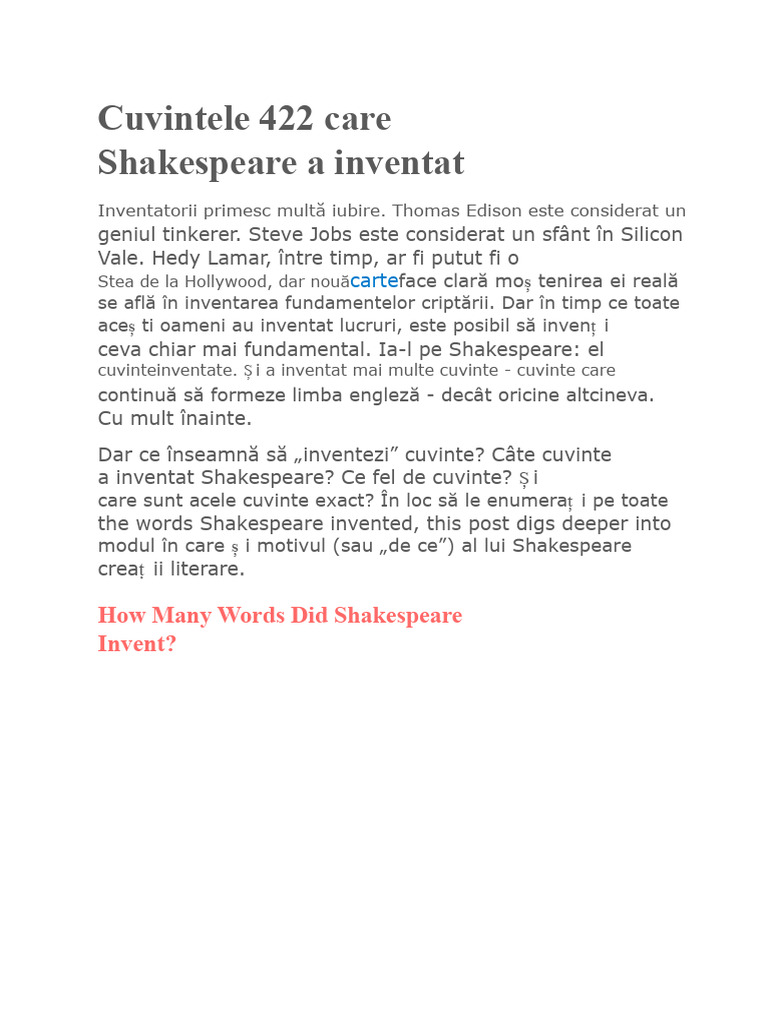Cele 422 de Cuvinte Pe Care Shakespeare Le-A Inventat | PDF