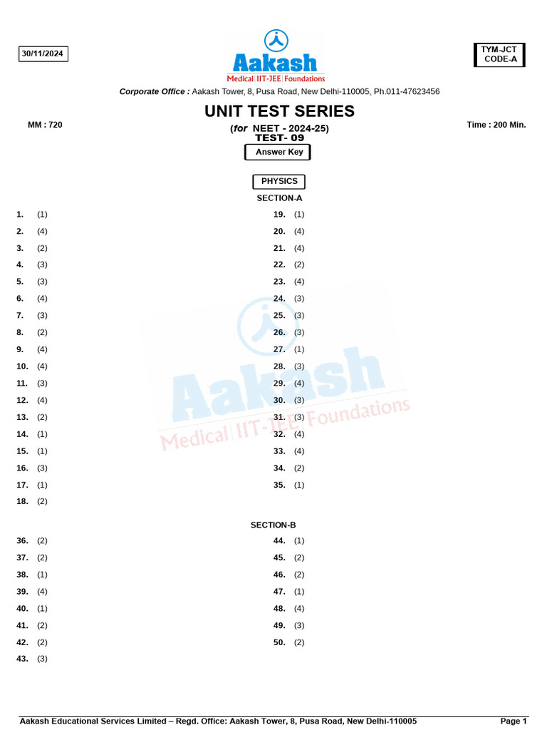 NEET 2024-25 Unit Test 09 Answer Key | PDF | Pressure | Surface Tension