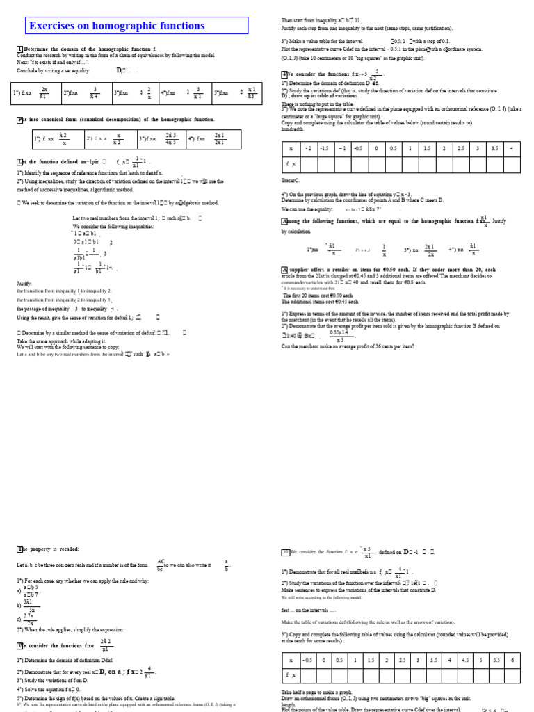 Homographic Functions: Exercises and Analysis | PDF | Function ...