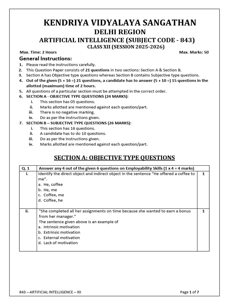 Class XII AI Question Paper 843 | PDF | Artificial Intelligence ...