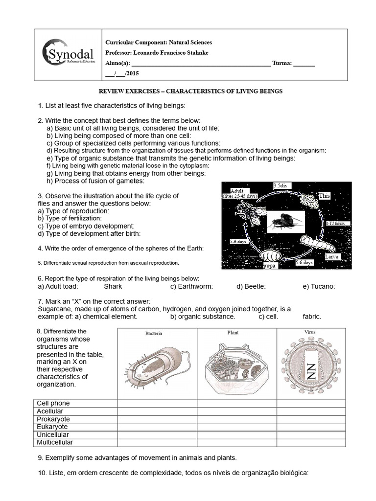 REINFORCEMENT EXERCISES 7th Grade 2015 Characteristics of Living Beings ...
