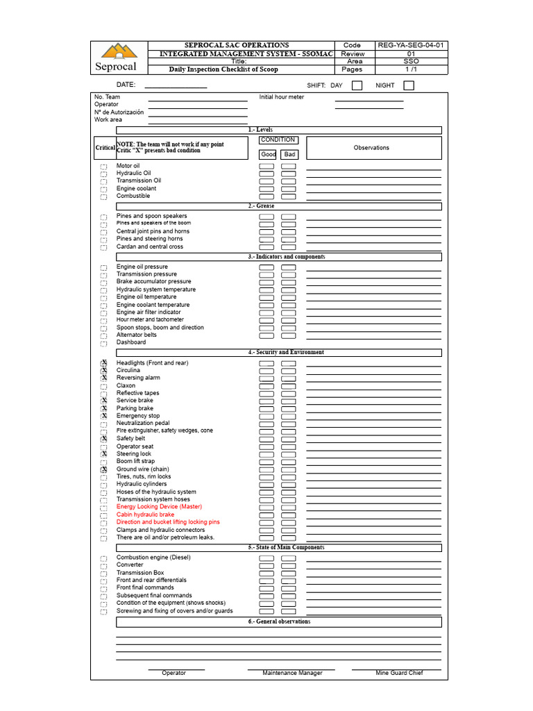 Daily Scoop Inspection Checklist | PDF | Engines | Brake