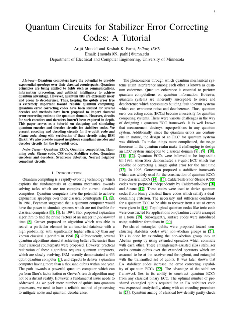Quantum Circuits For Stabilizer Error Correcting Codes - A Tutorial ...
