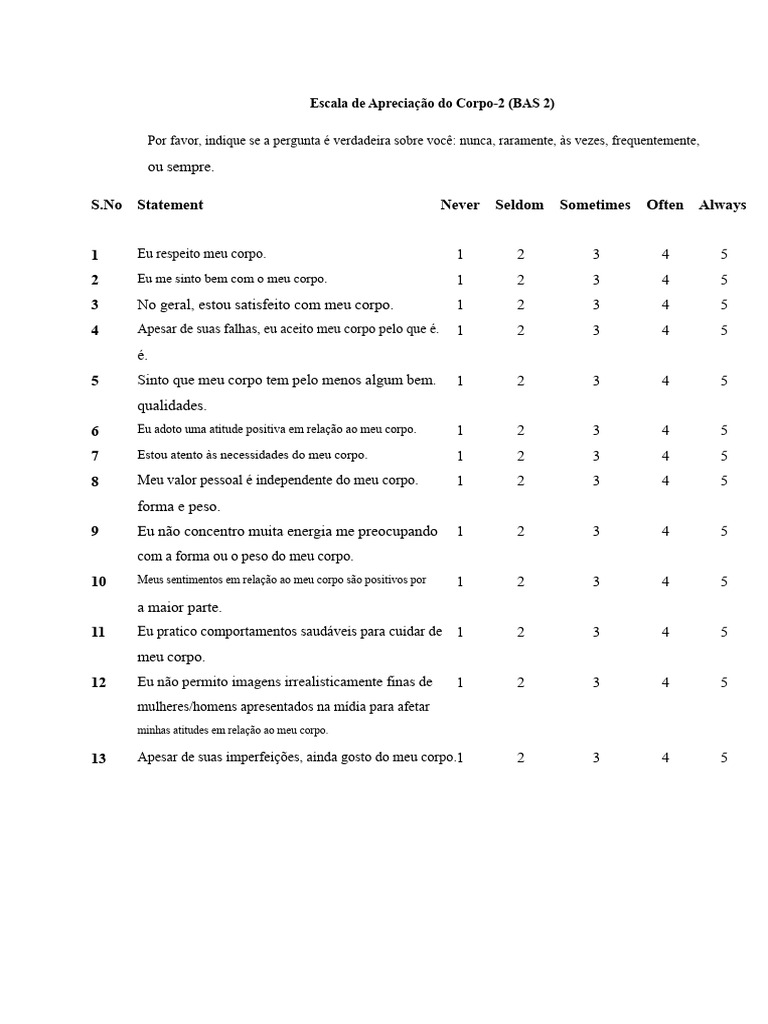 Escala de Apreciação do Corpo-2 (BAS 2) | PDF