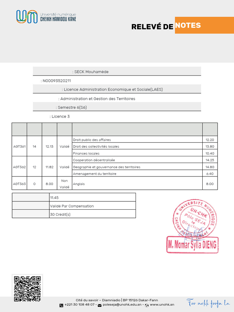 Relevé de notes Licence AES 2023-2024 | PDF