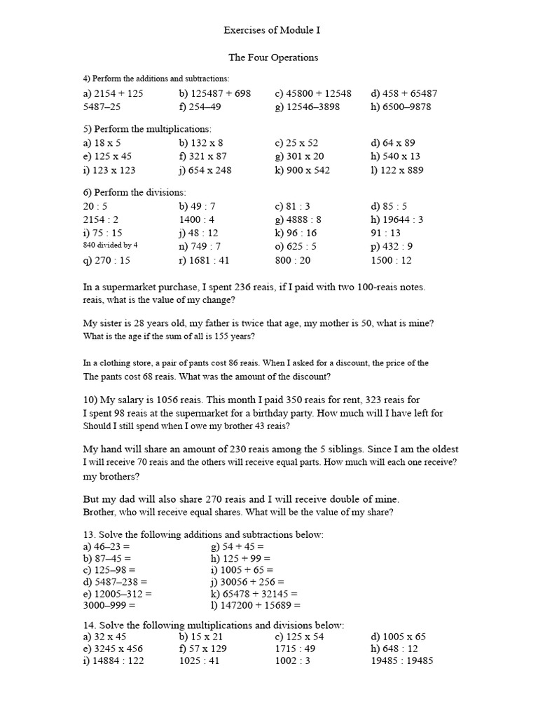 Exercises With The Four Operations | PDF