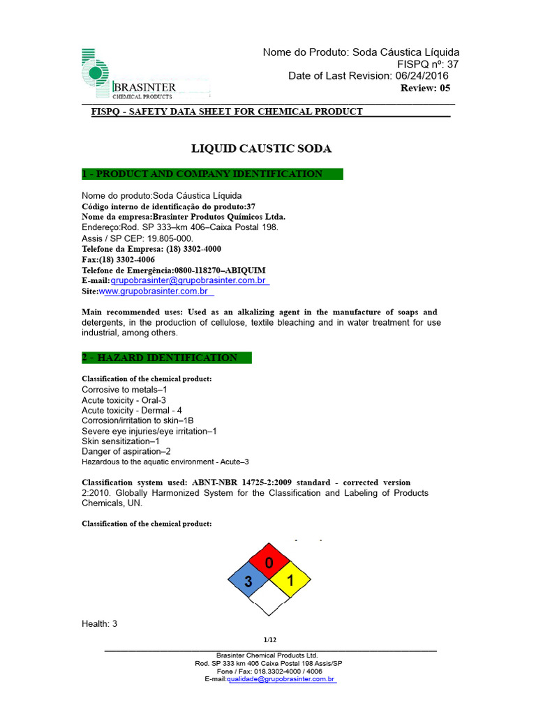 Liquid Caustic Soda Safety Data Sheet | PDF | Sodium Hydroxide | Corrosion