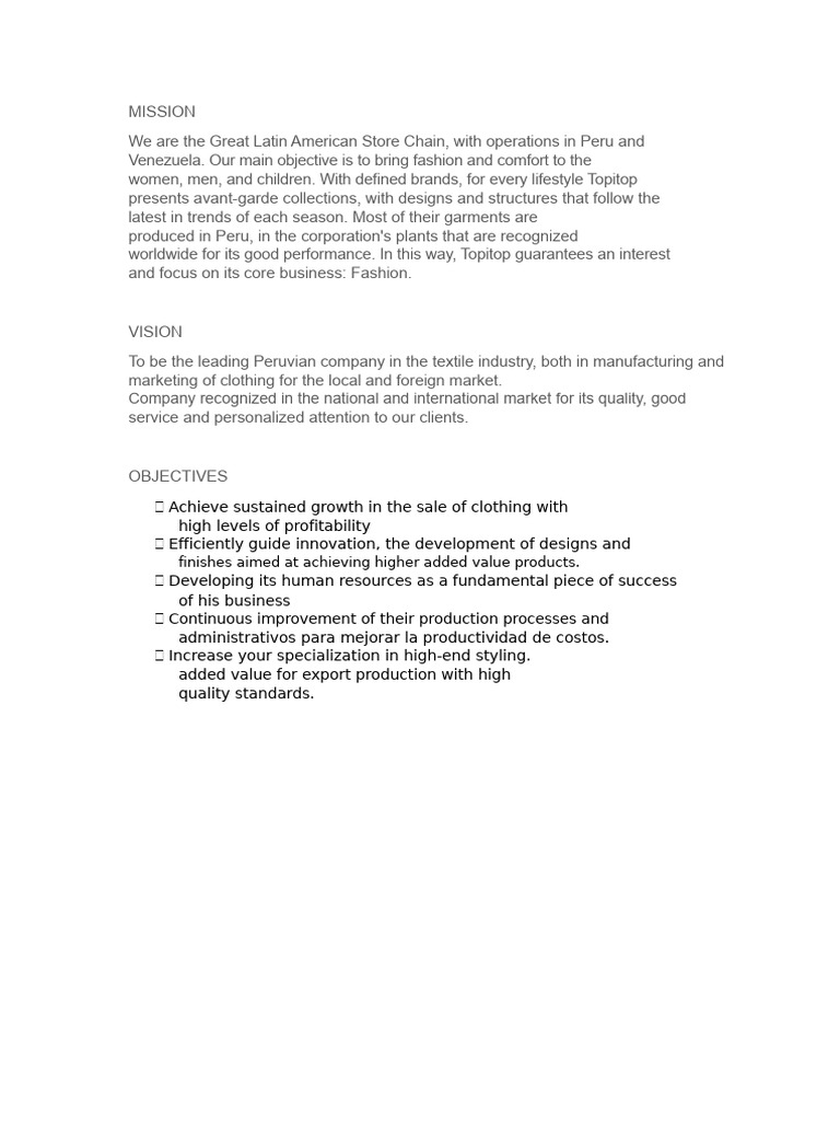 Mission, Vision, and Objectives of Topitop | PDF