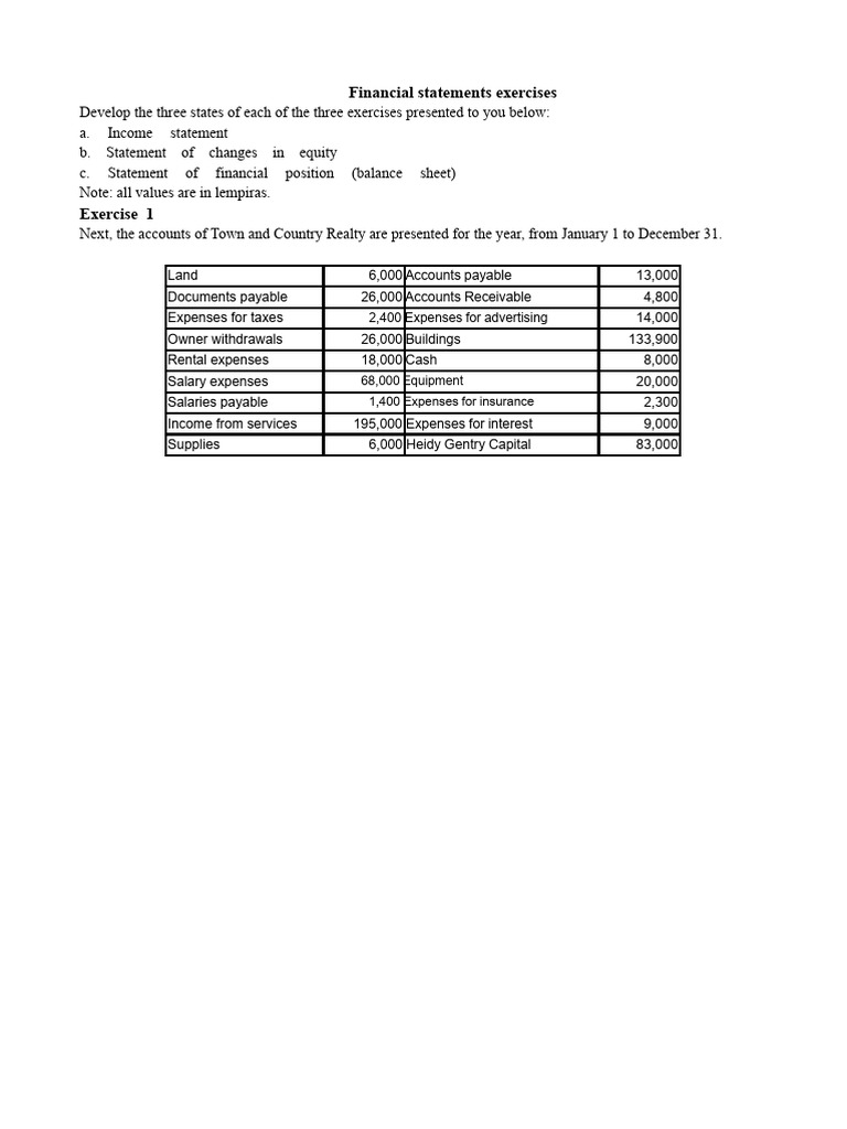 Financial Statements Exercises Guide | PDF | Balance Sheet | Expense